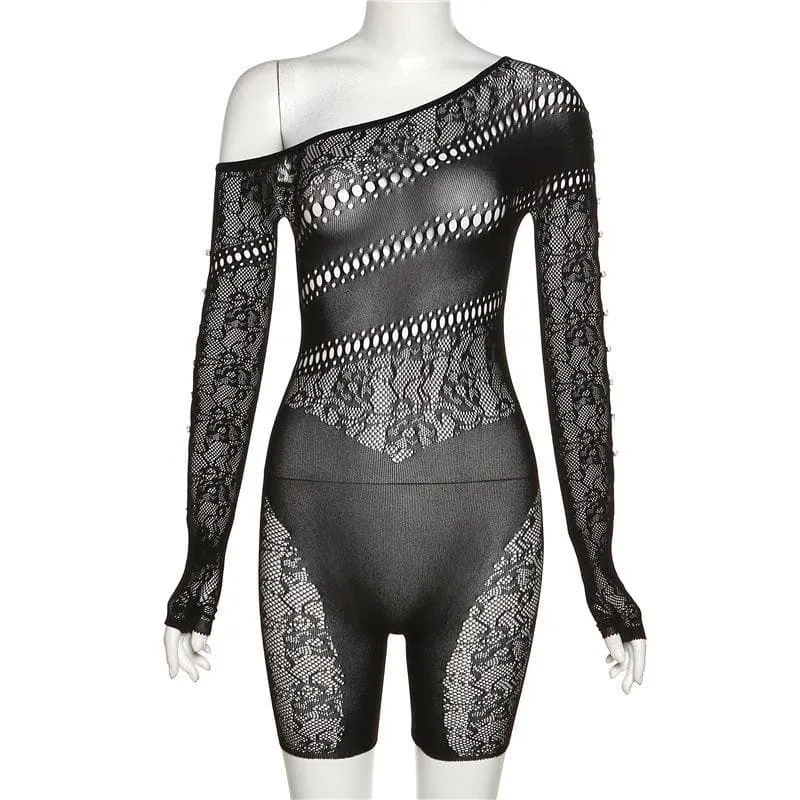 Off shoulder gloves long sleeve lace fishnet button see through romper