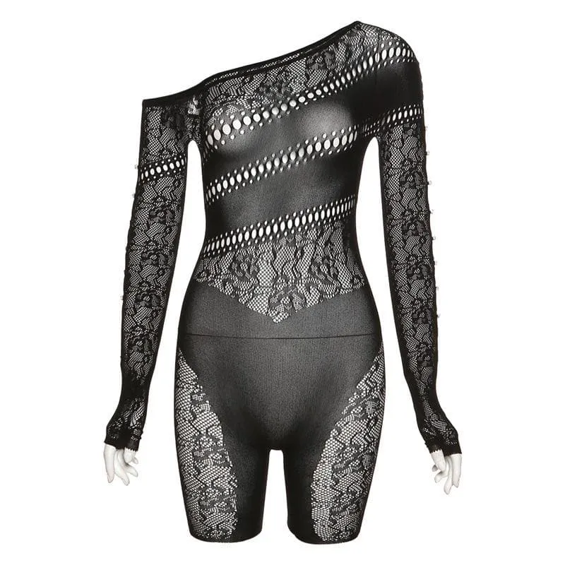 Off shoulder gloves long sleeve lace fishnet button see through romper