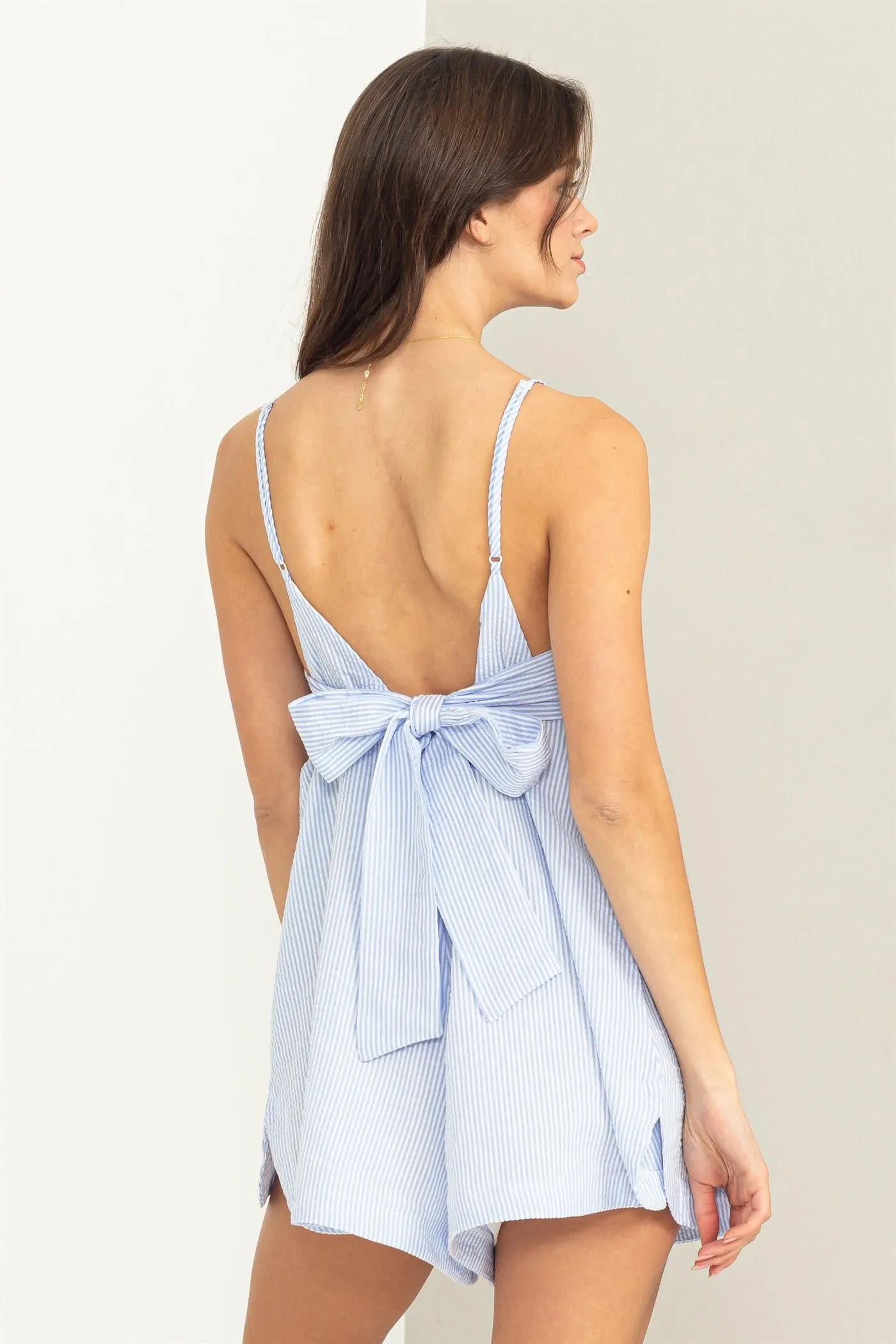 On Repeat Seersucker Tie-back Romper