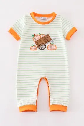 Orange wheelbarrow pumpkin applique boy romper