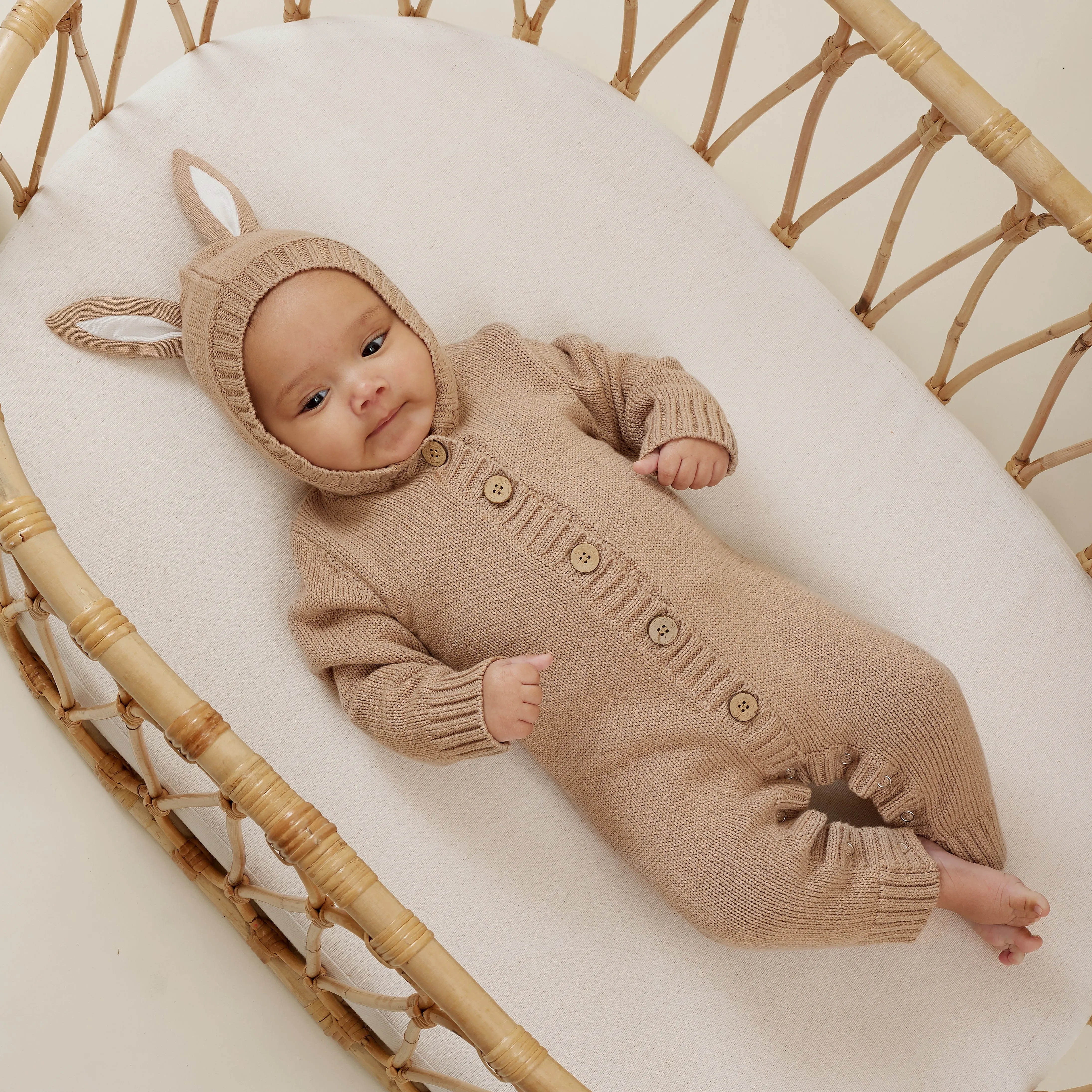 Organic Cotton Knit Romper Taupe | Bunny Ears