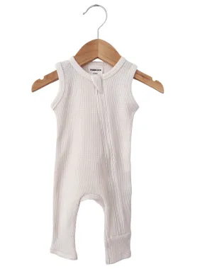 Organic Waffle Sleeveless Zip Romper, Snow