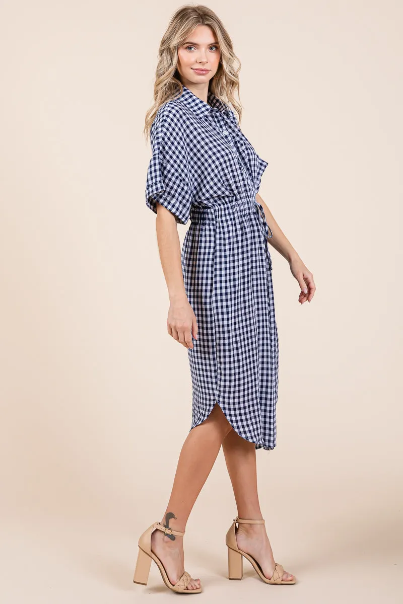 Plaid Short Sleeve Waist Tie Collared Shirt Dress
