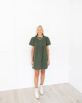 Pleated Poplin Puff Sleeve Mini Dress in Olive