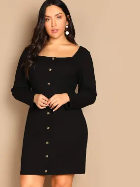 Plus Button Up Rib-knit Marled Dress