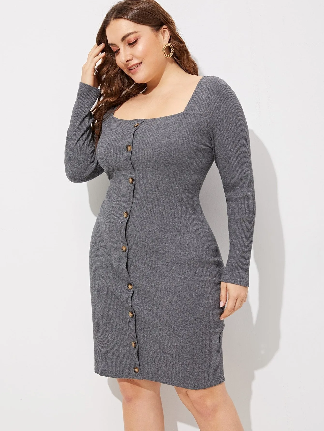 Plus Button Up Rib-knit Marled Dress