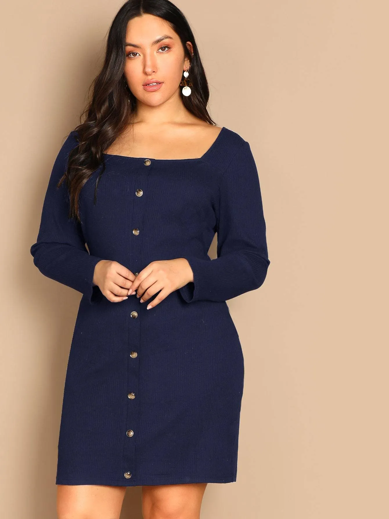 Plus Button Up Rib-knit Marled Dress