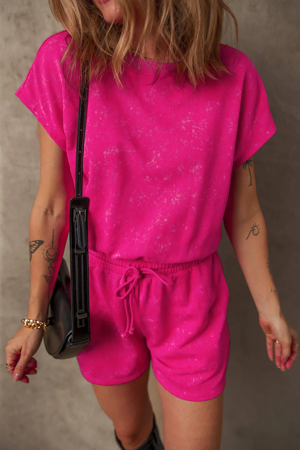 Rose Red Mineral Wash Drawstring Waist Backless Short Sleeve Romper