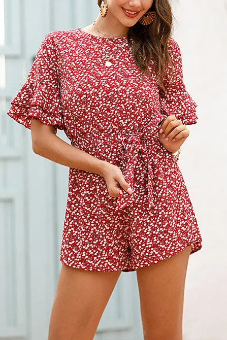 Ruffle Sleeve Cutout Back Floral Romper