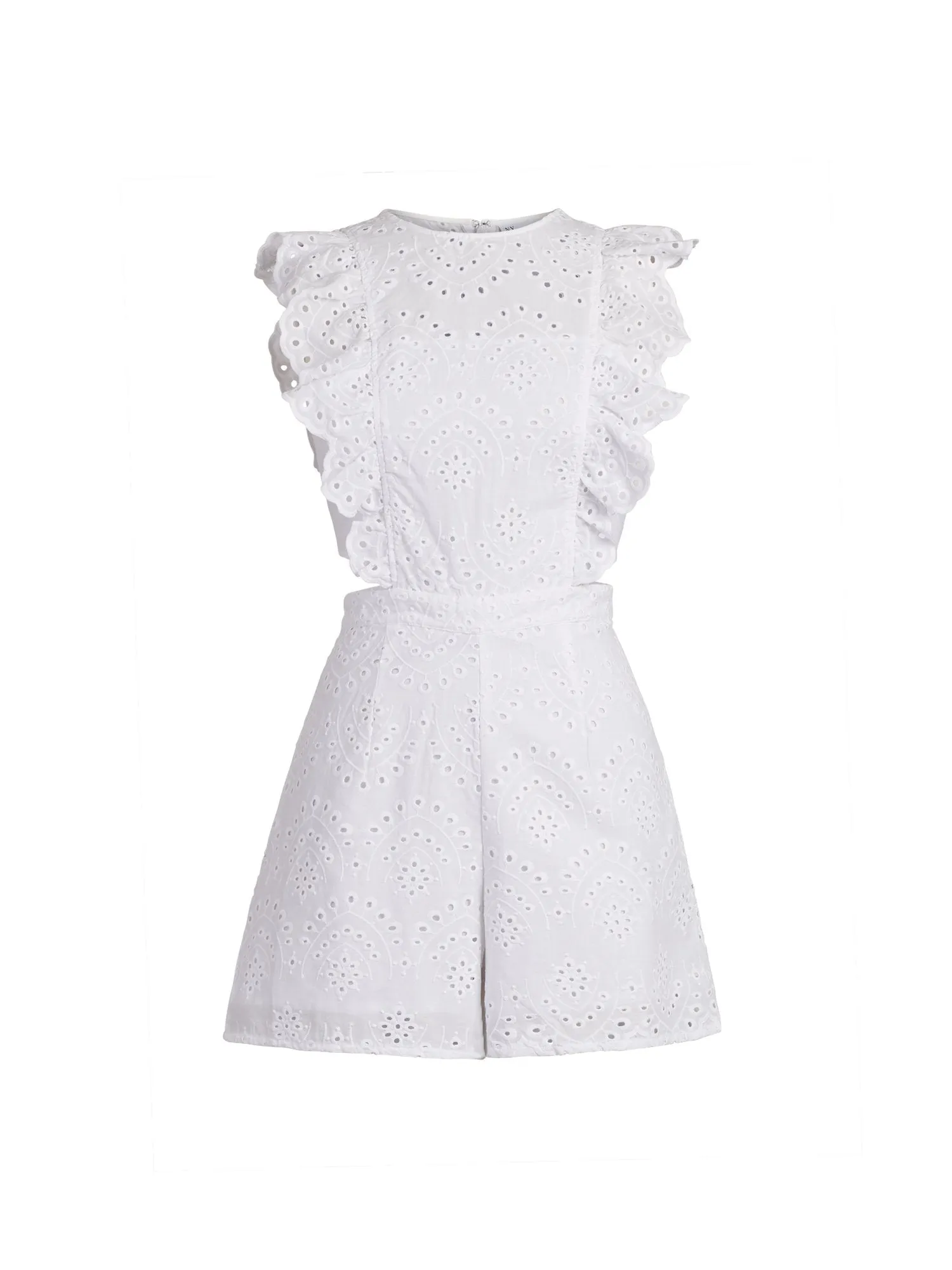 Ruffle-Sleeve Eyelet Cotton Romper