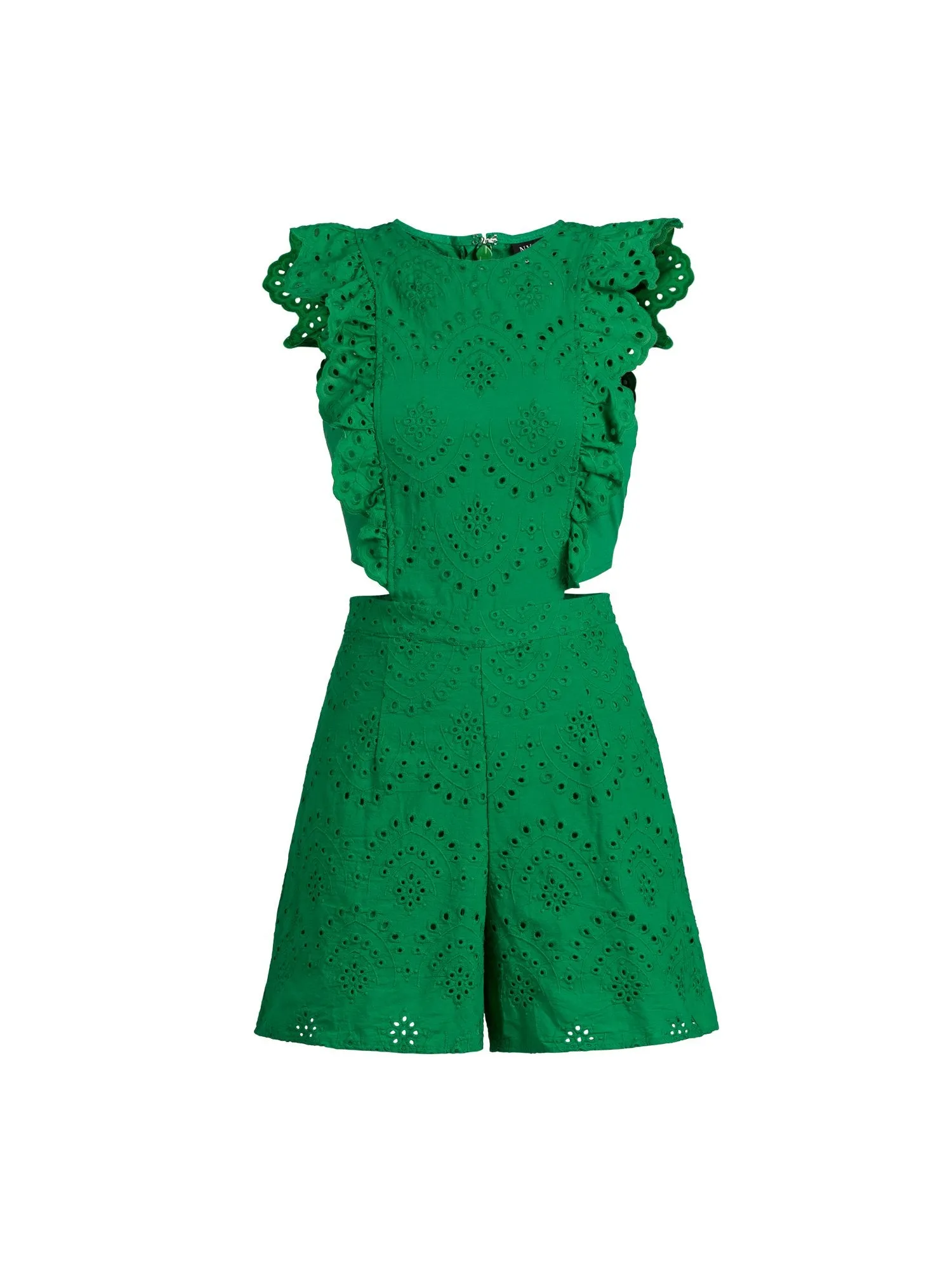 Ruffle-Sleeve Eyelet Cotton Romper