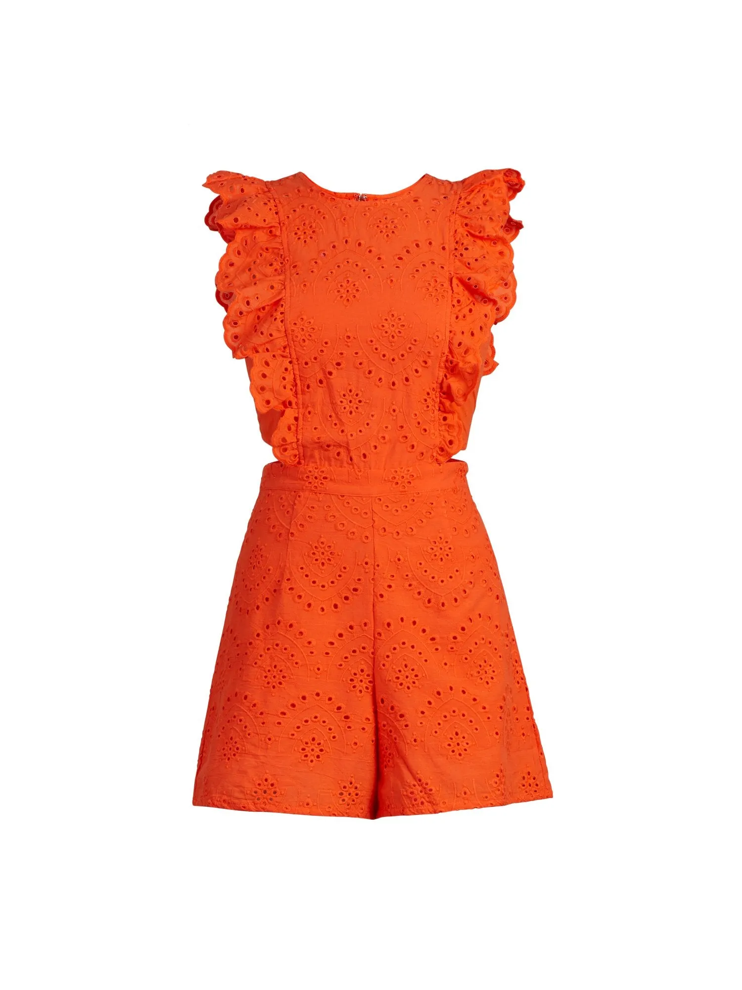 Ruffle-Sleeve Eyelet Cotton Romper