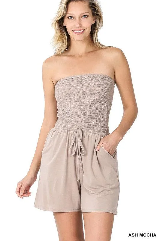 Smocked Tube Romper With Pockets
