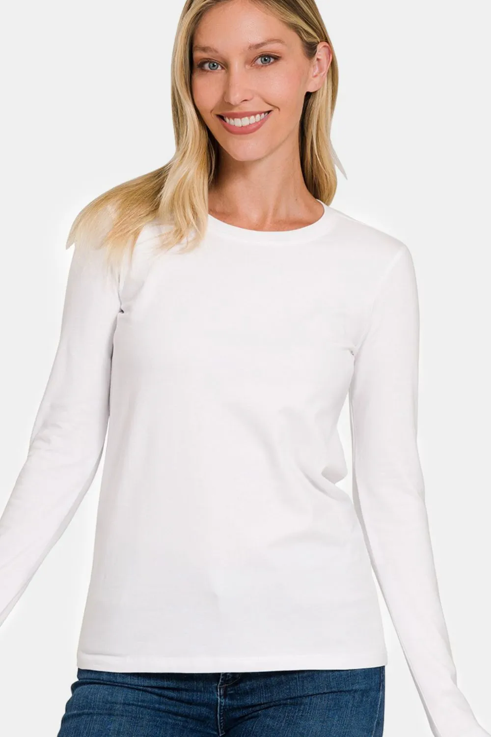 Solid Color Round Neck Long Sleeve T-Shirt - White