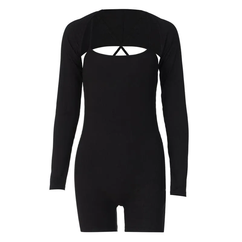 Solid ribbed cross back long sleeve shrug romper