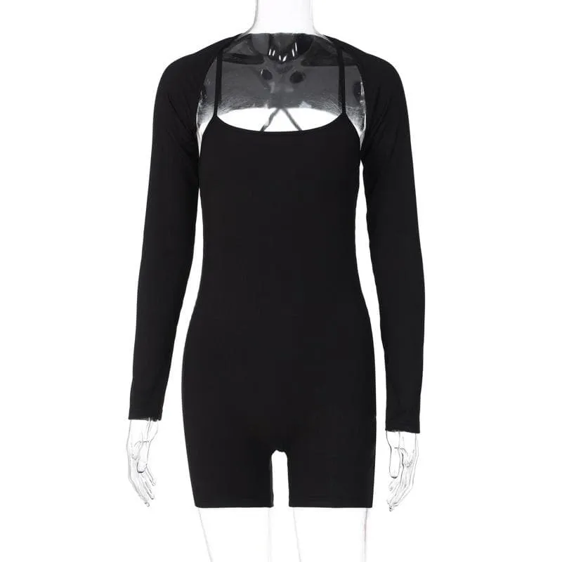 Solid ribbed cross back long sleeve shrug romper