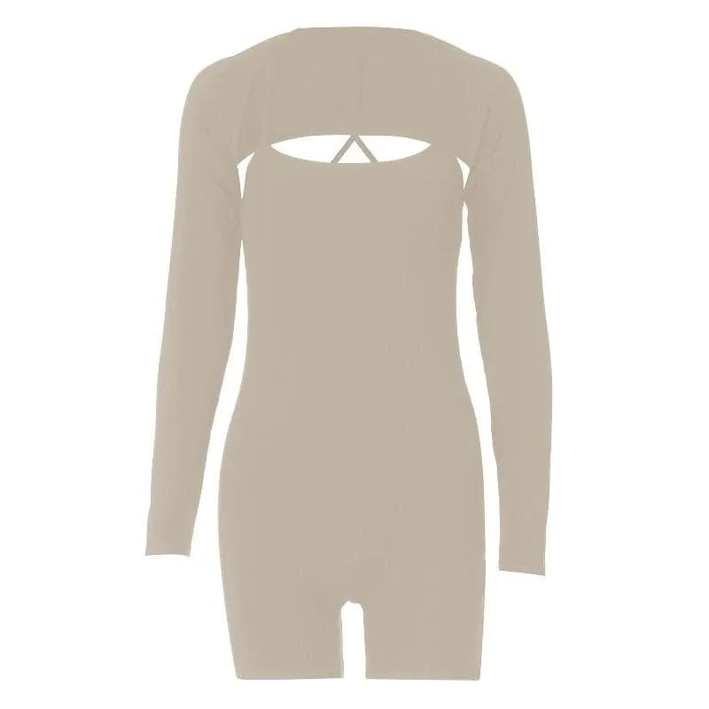 Solid ribbed cross back long sleeve shrug romper