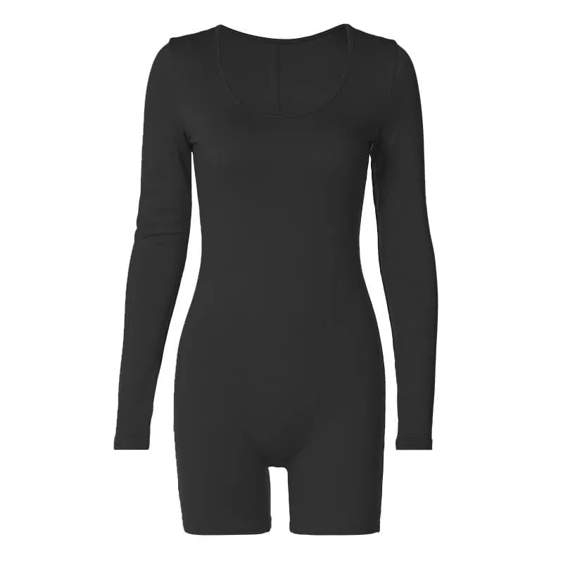 Solid u neck long sleeve romper
