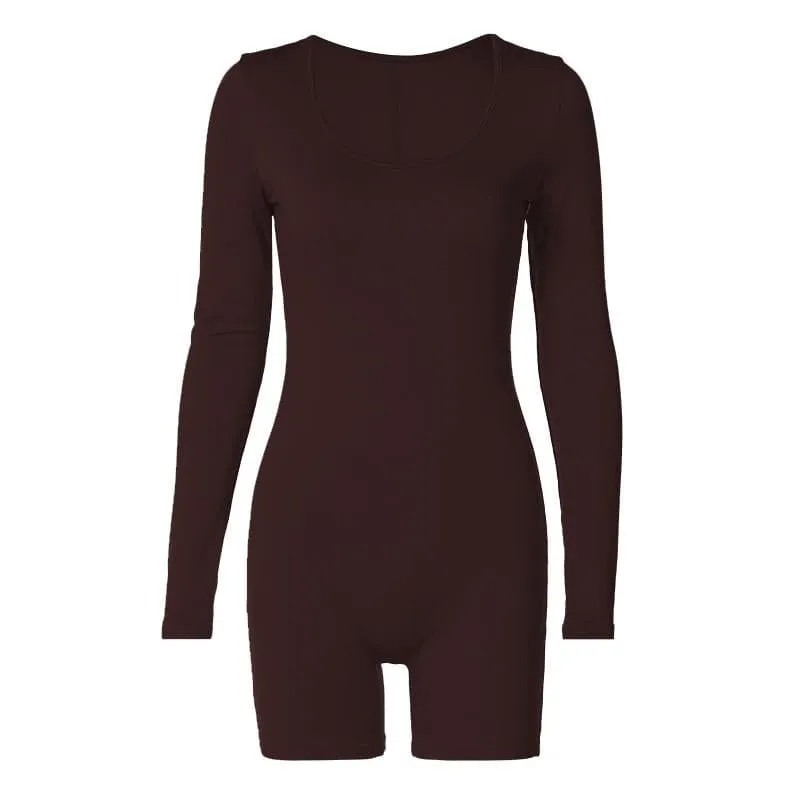 Solid u neck long sleeve romper