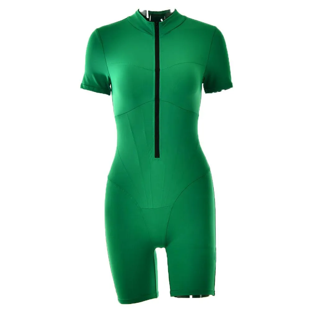 Stitch short sleeve zip-up high neck romper