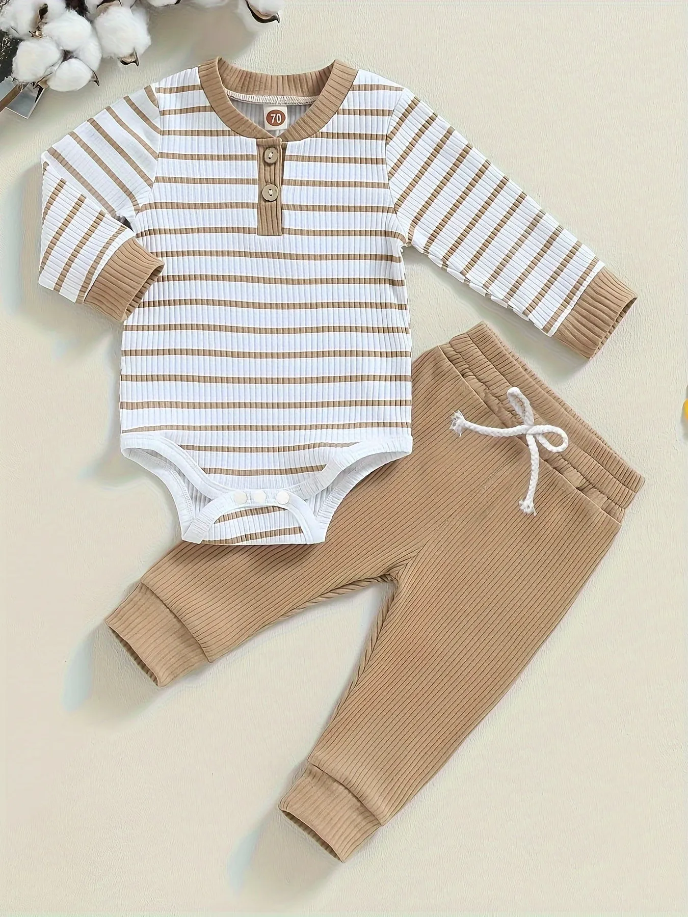 Striped snapup romper and trousers set for baby boys