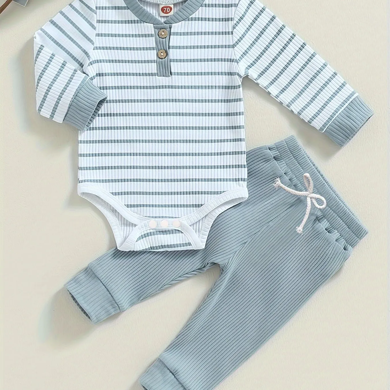 Striped snapup romper and trousers set for baby boys