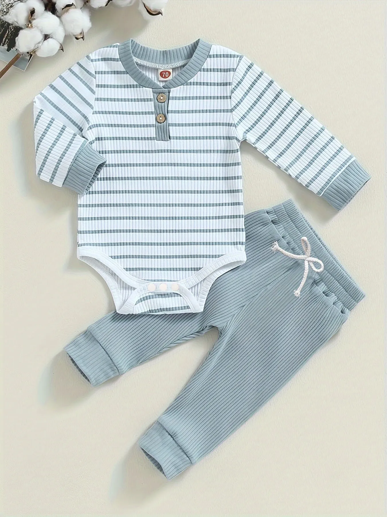 Striped snapup romper and trousers set for baby boys