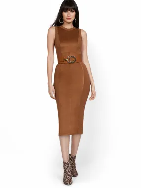 Suede-Front Sleeveless Sweater Dress