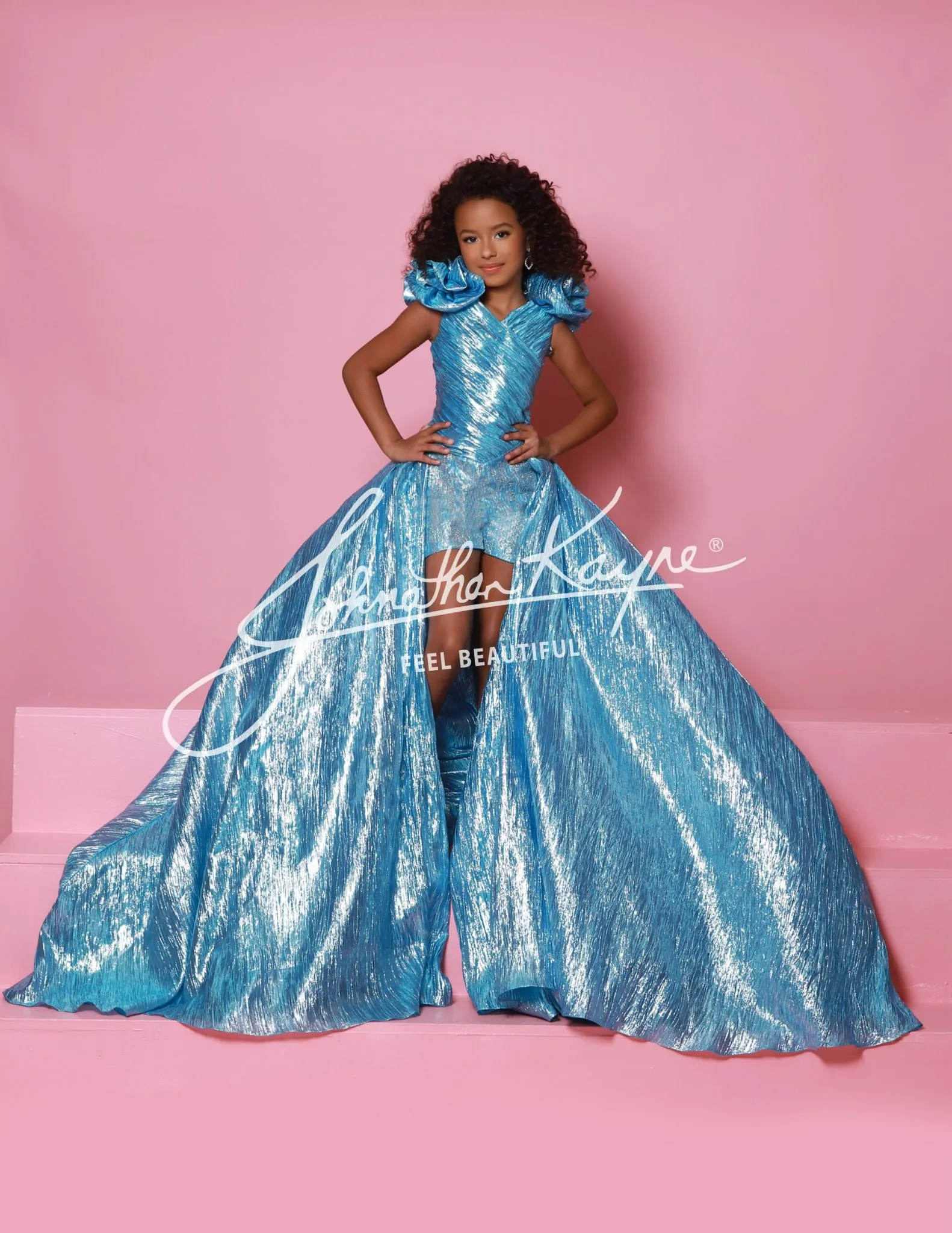 Sugar Kayne C364 Girls Pageant Crystal Romper Metallic Ruffle Shoulders Overskirt Formal