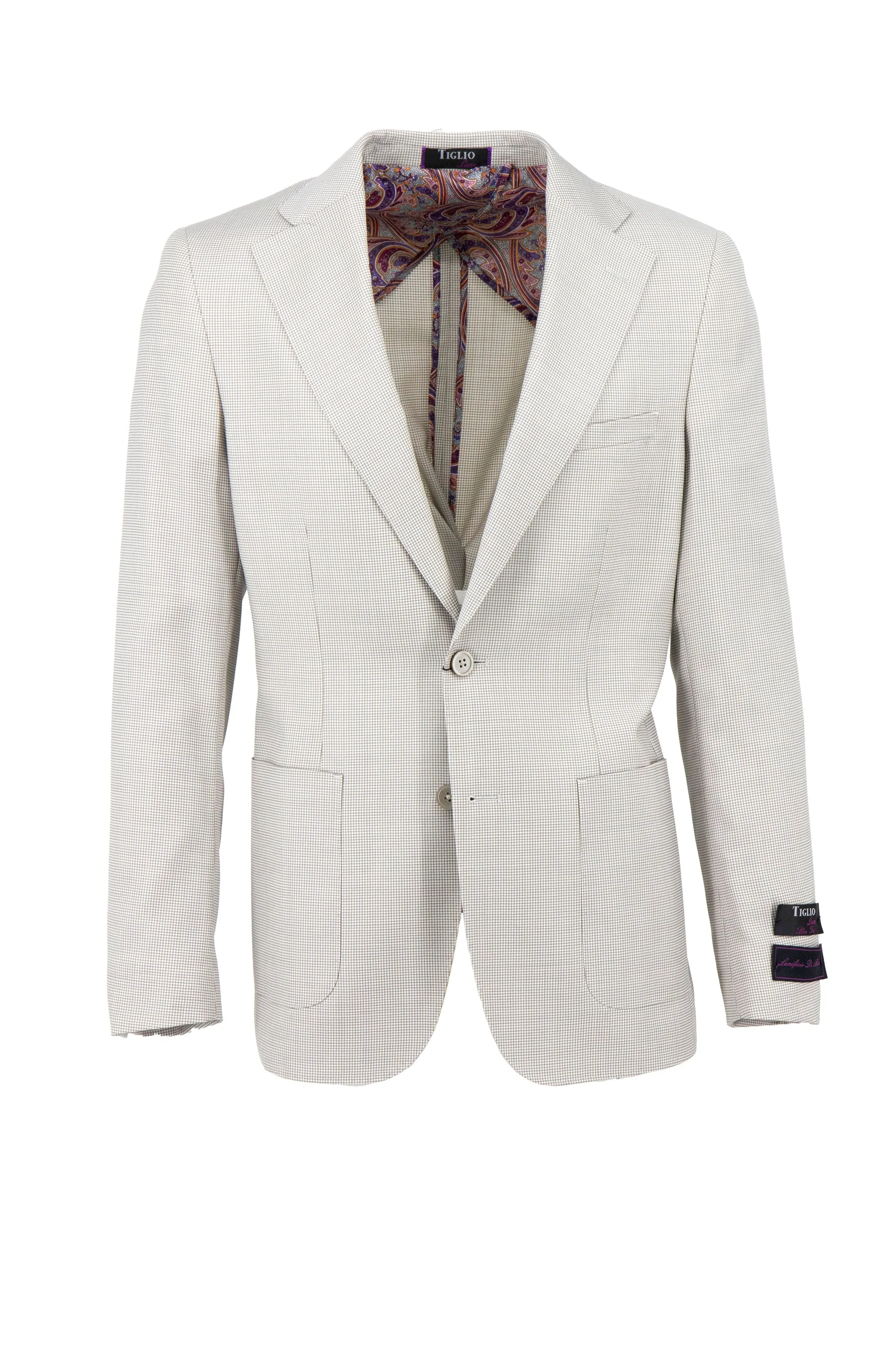 Tan with White Micro Design Veneto/THP Slim Fit half lined, Pure Wool Jacket by Tiglio Luxe
