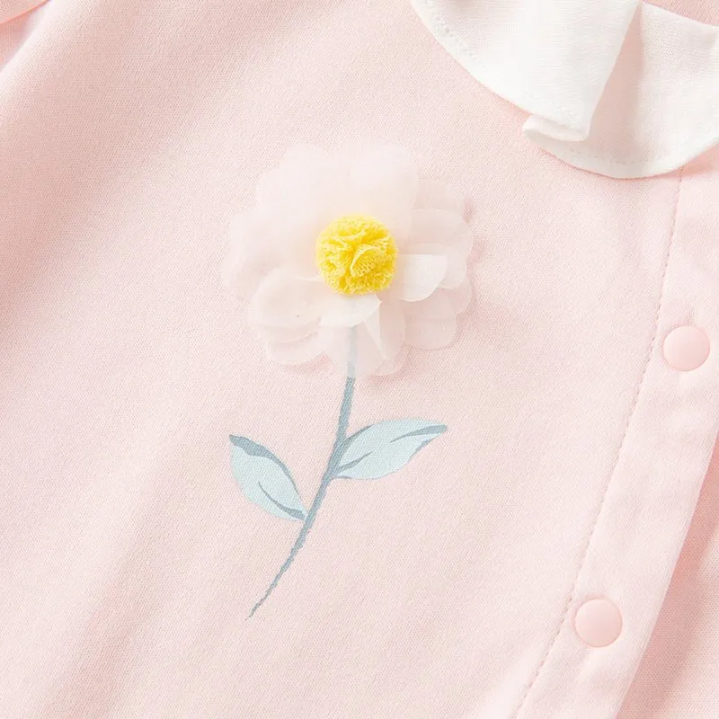 Tulle Flower Embroidery Girl Snap All-through Pink Romper