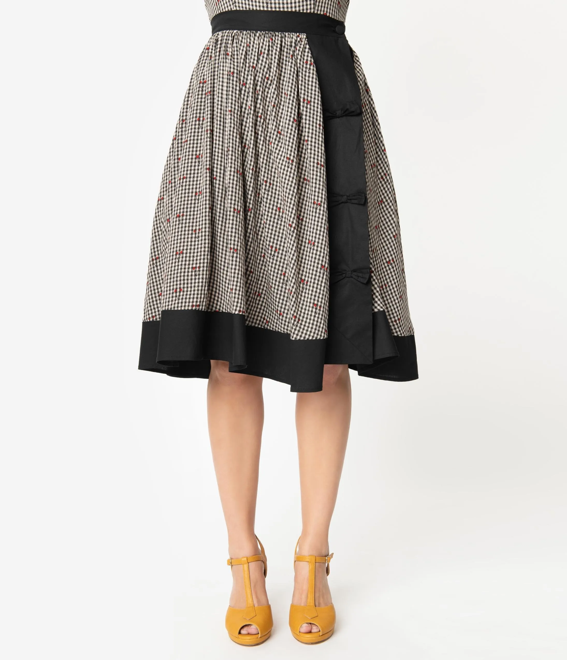 Unique Vintage Black Gingham & Cherry Print Rye Swing Skirt