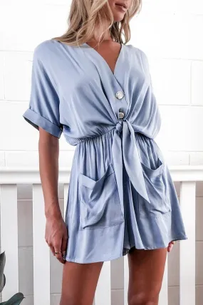 V-neck Buttoned Lace-up Romper With Pockets