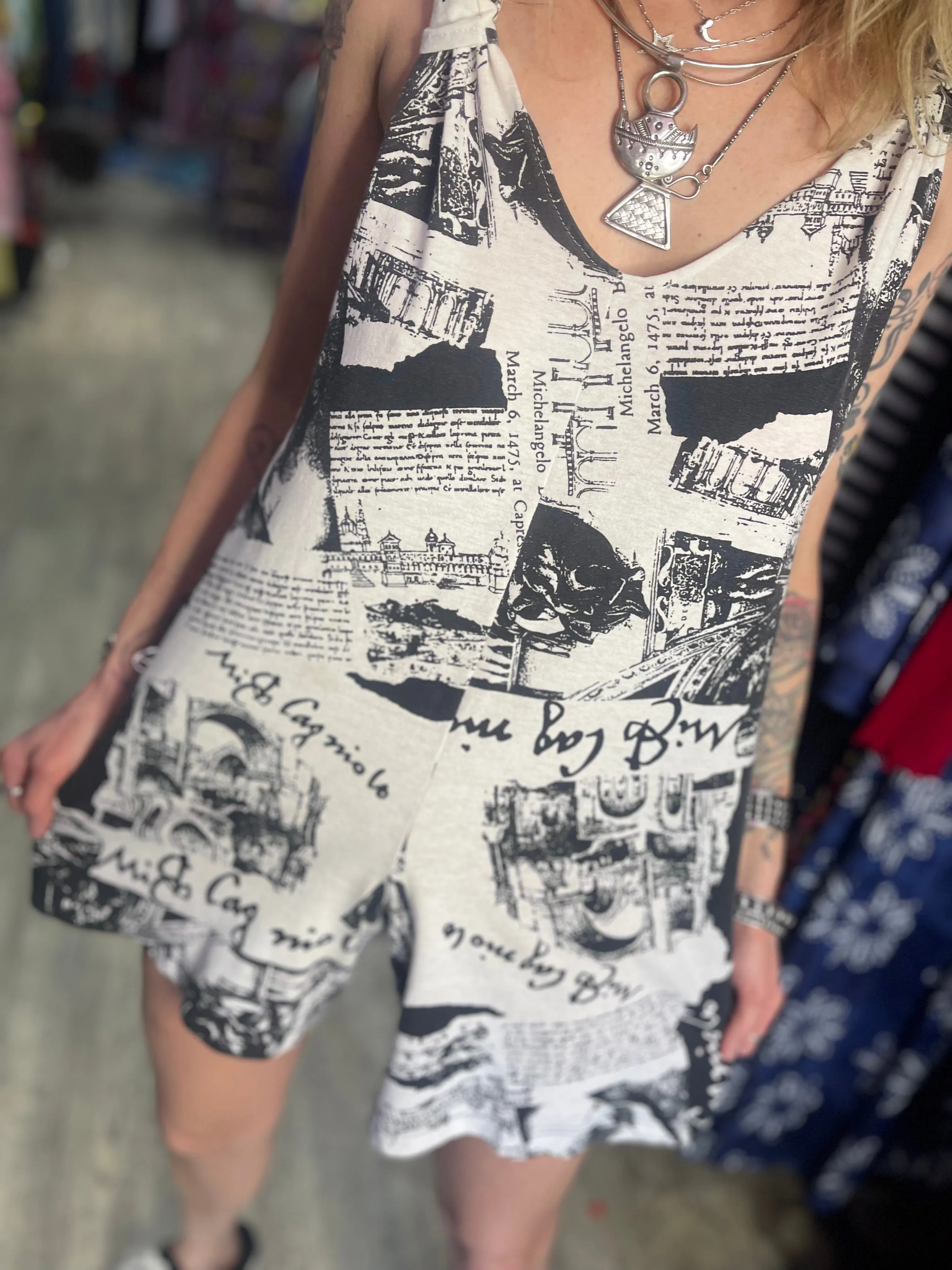 Vintage 90’s Cotton Blend Newsprint Beach Romper