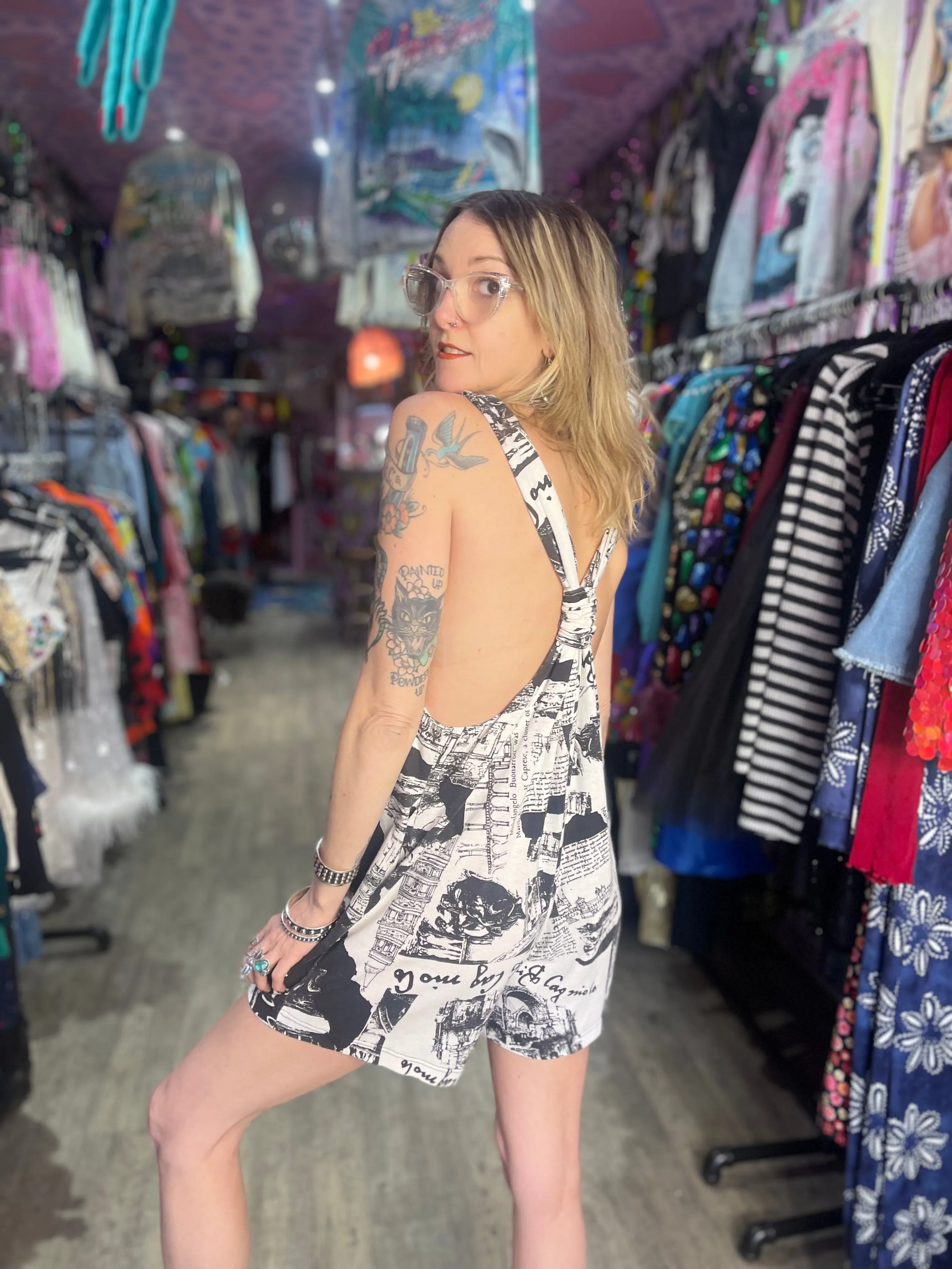 Vintage 90’s Cotton Blend Newsprint Beach Romper