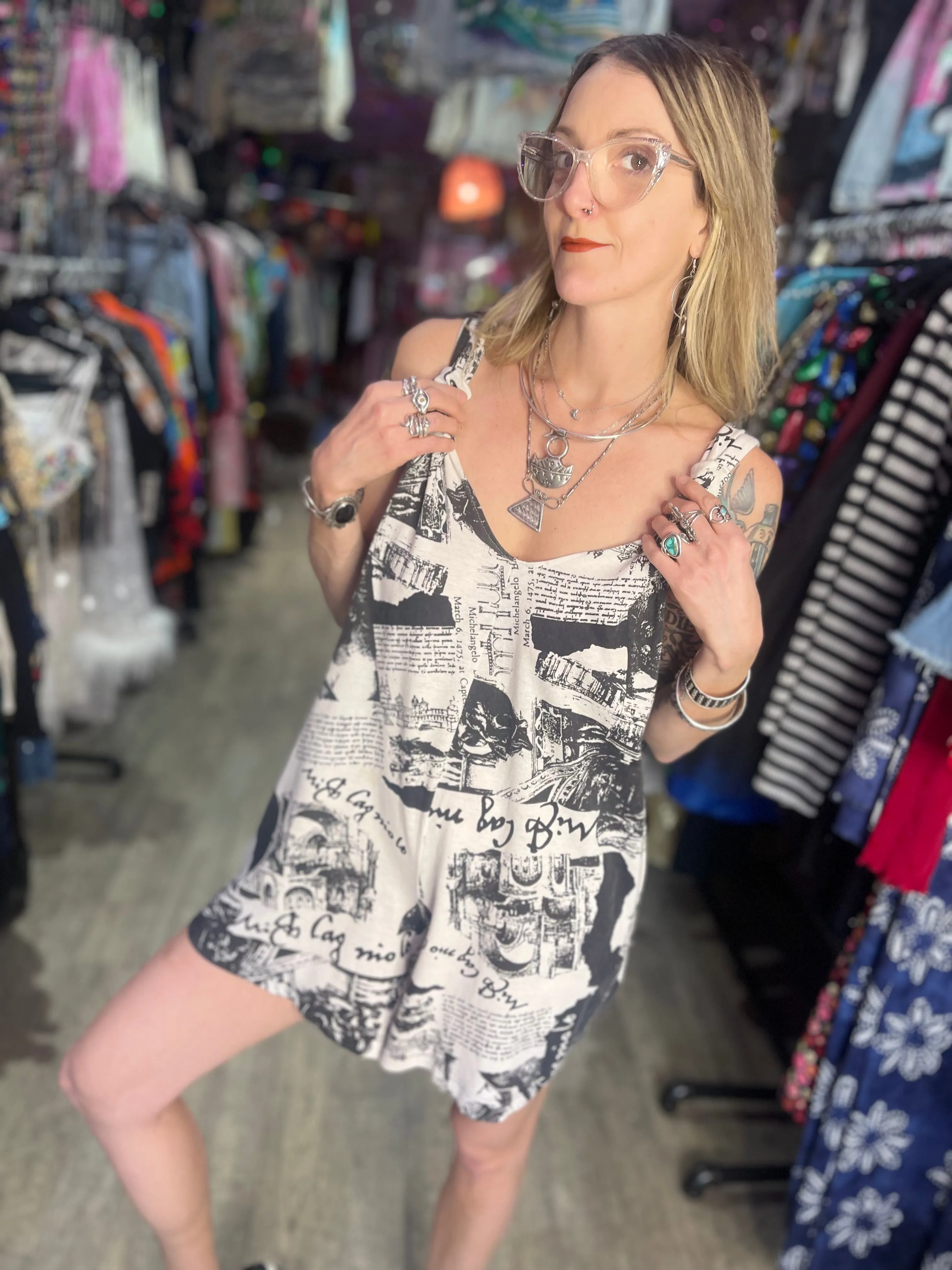 Vintage 90’s Cotton Blend Newsprint Beach Romper