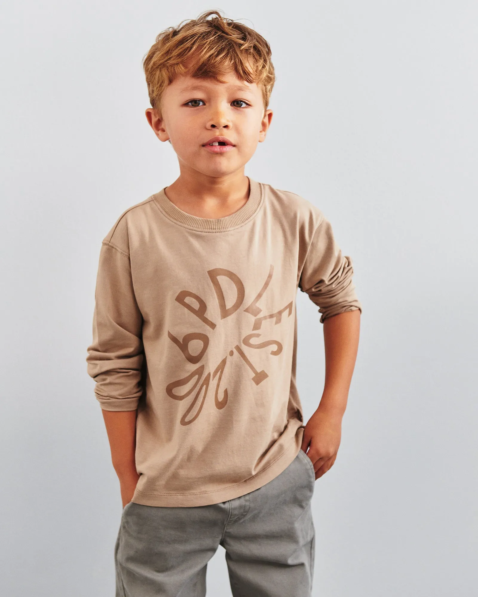 Warp Text Long Sleeve T-shirt - Kids - Dark Beige