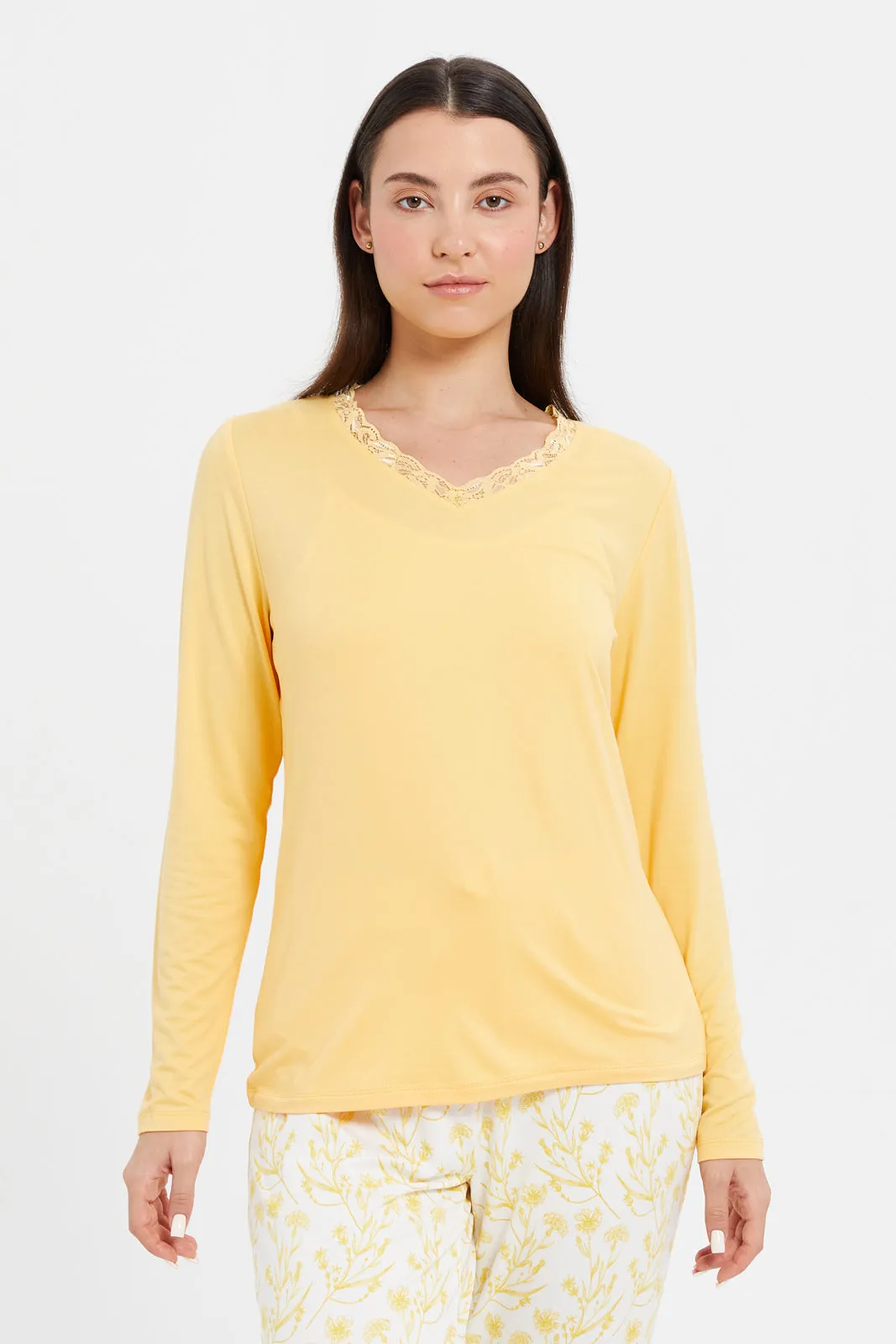 Women Yellow Printed Long Sleeve Pyjama Set (2 Piece)