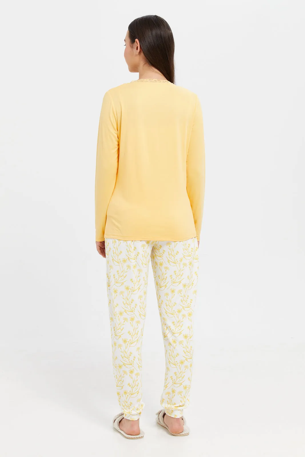 Women Yellow Printed Long Sleeve Pyjama Set (2 Piece)