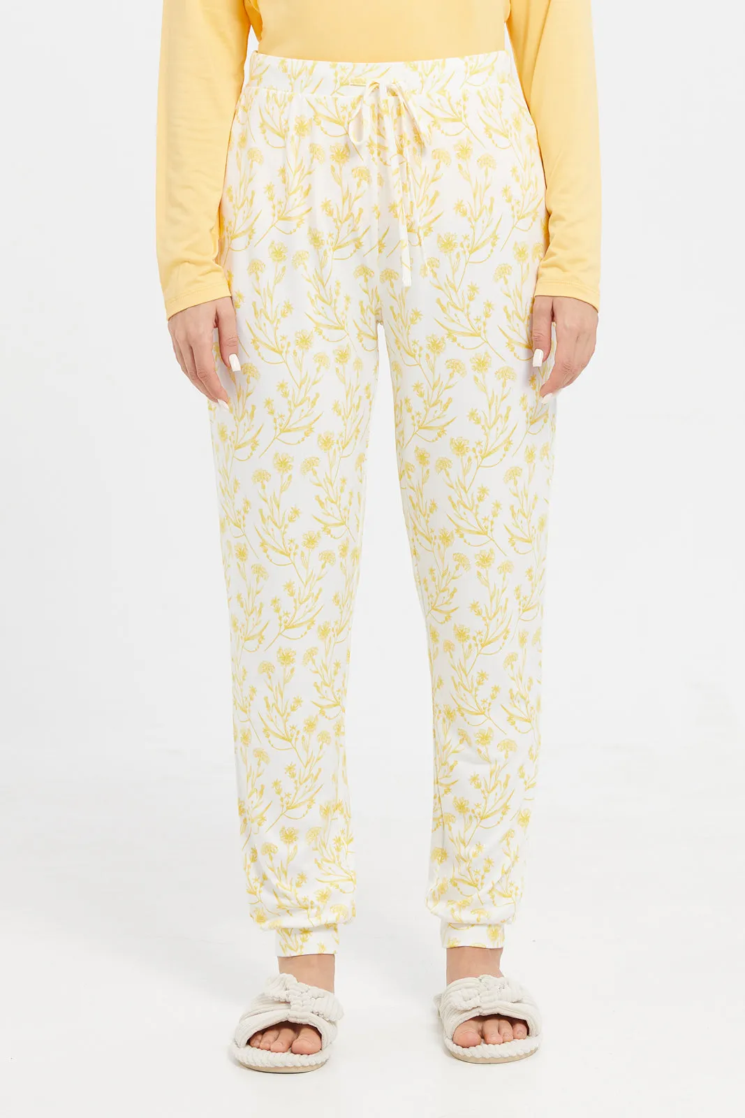 Women Yellow Printed Long Sleeve Pyjama Set (2 Piece)