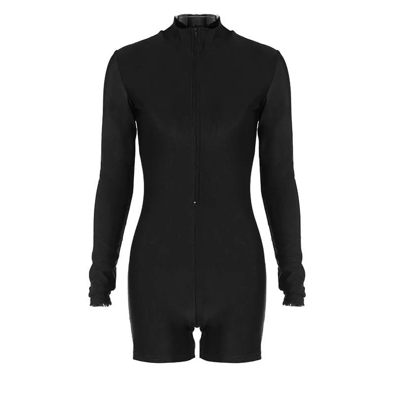 Zip-up solid long sleeve high neck romper