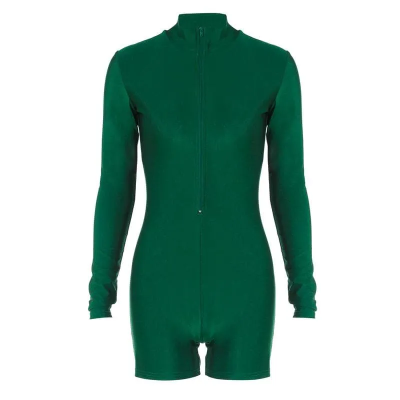Zip-up solid long sleeve high neck romper
