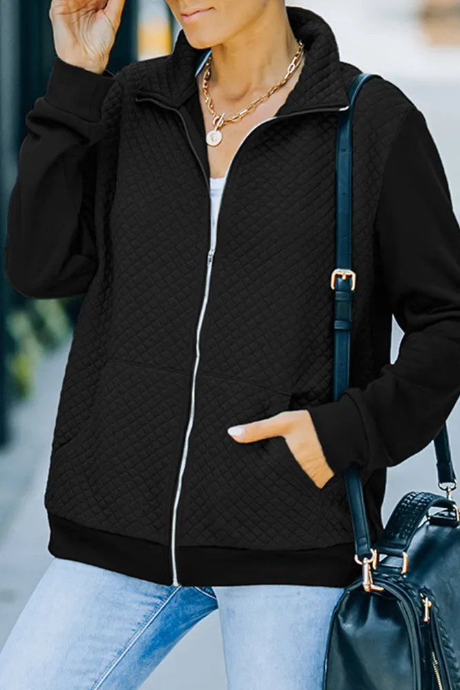 Zipper Turn Down Collar Pockets Long Sleeve Winter Coat Women