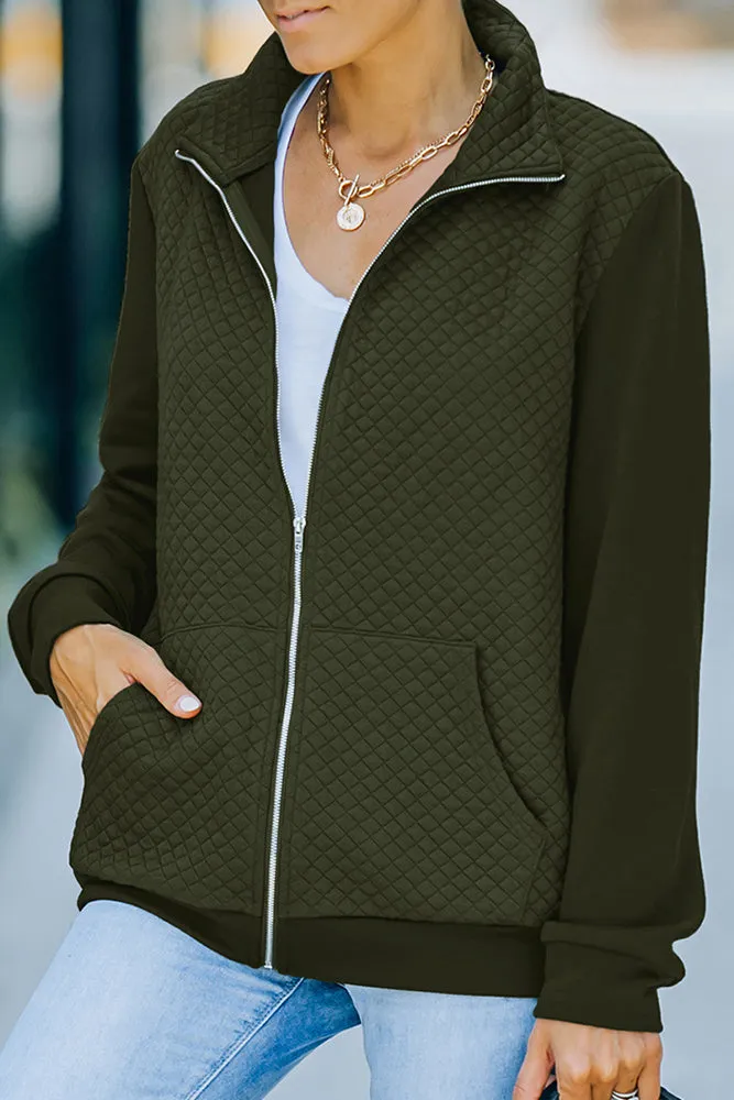 Zipper Turn Down Collar Pockets Long Sleeve Winter Coat Women